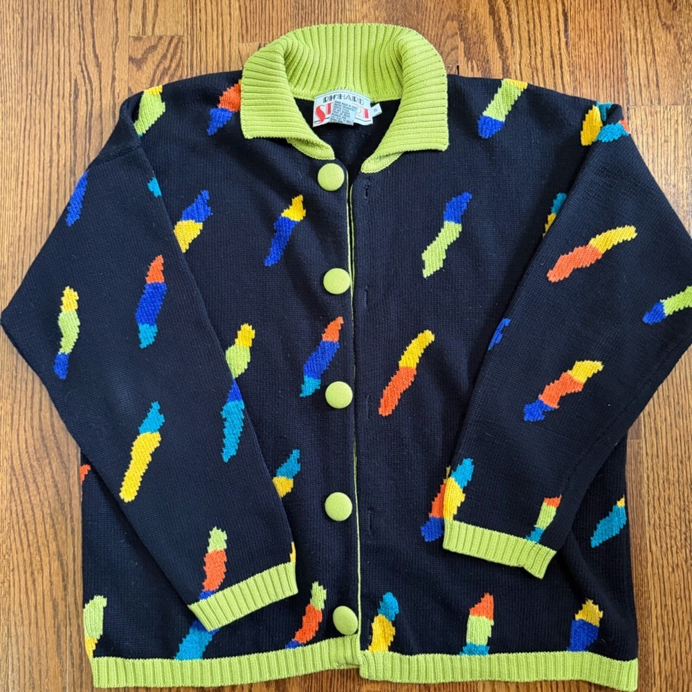Richard Sport Vintage Black Green Vibrant Button Sweater Size Small